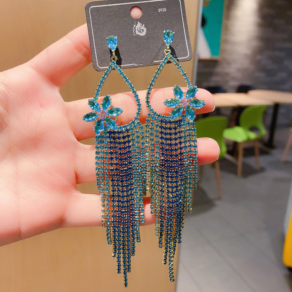 Floral Teardrop Tassel Cubic Zirconia Earrings E7484
