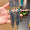 Floral Teardrop Tassel Cubic Zirconia Earrings E7484