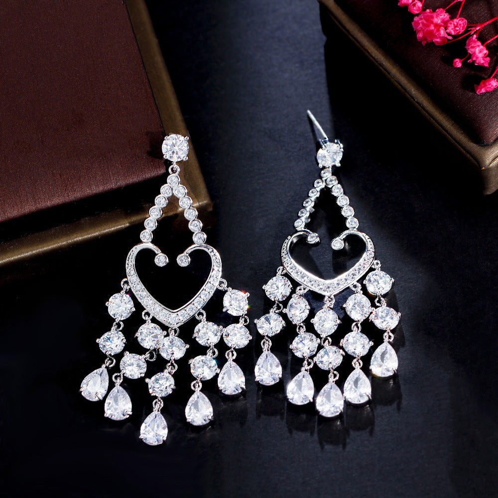 Heart Tassel Cubic Zirconia Hoop Earrings E7505