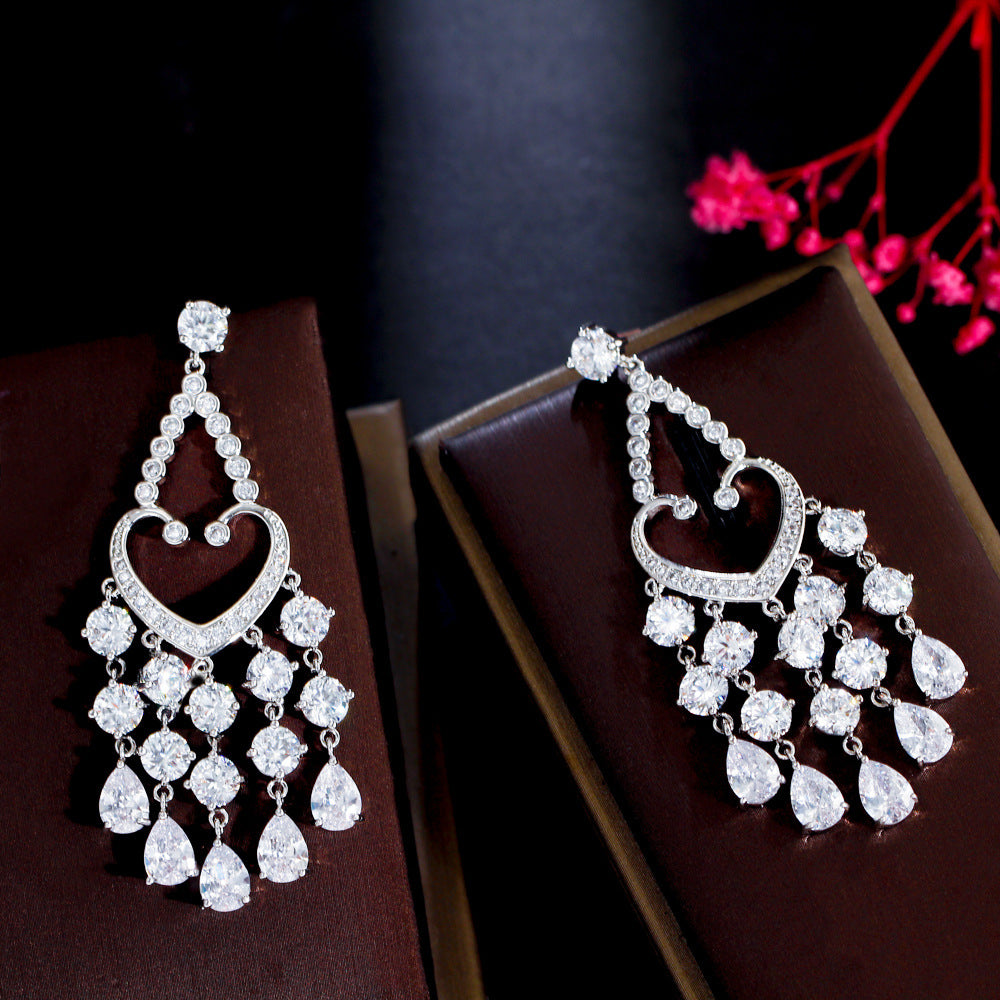 Heart Tassel Cubic Zirconia Hoop Earrings E7505