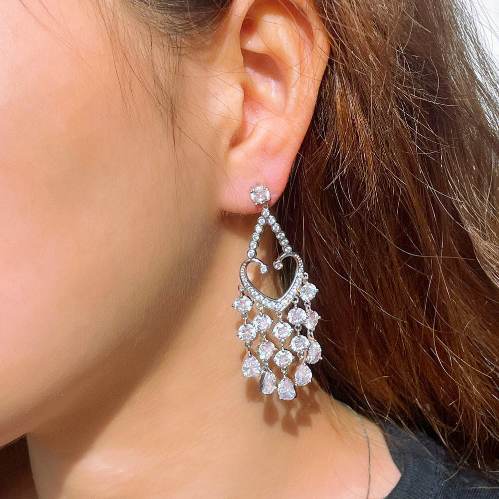Heart Tassel Cubic Zirconia Hoop Earrings E7505