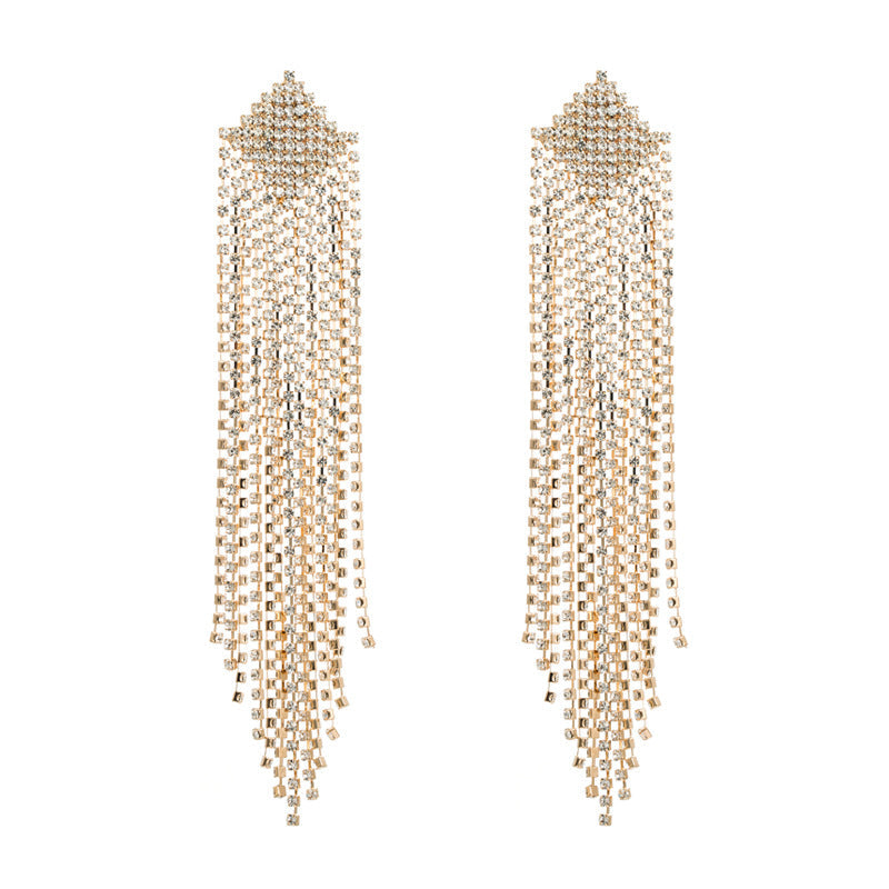 Diamond Shaped Rhinestone Tassel 925 Silver Post Earrings E7564