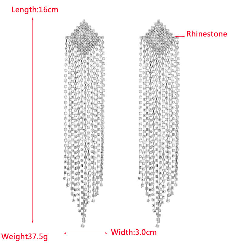 Diamond Shaped Rhinestone Tassel 925 Silver Post Earrings E7564