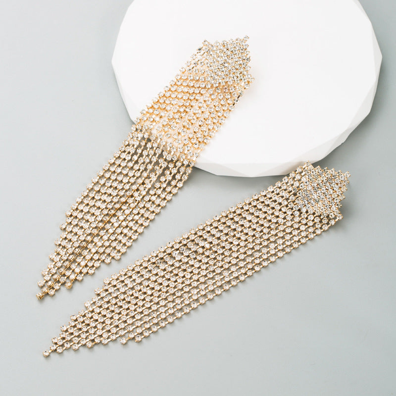 Diamond Shaped Rhinestone Tassel 925 Silver Post Earrings E7564