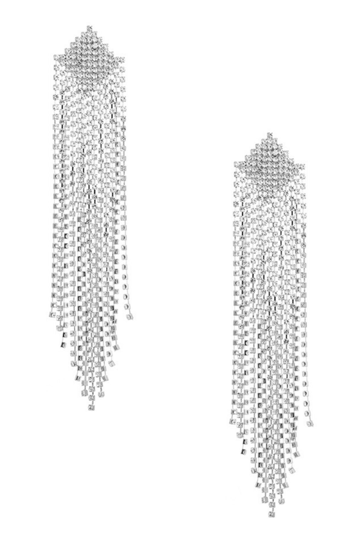 Diamond Shaped Rhinestone Tassel 925 Silver Post Earrings E7564