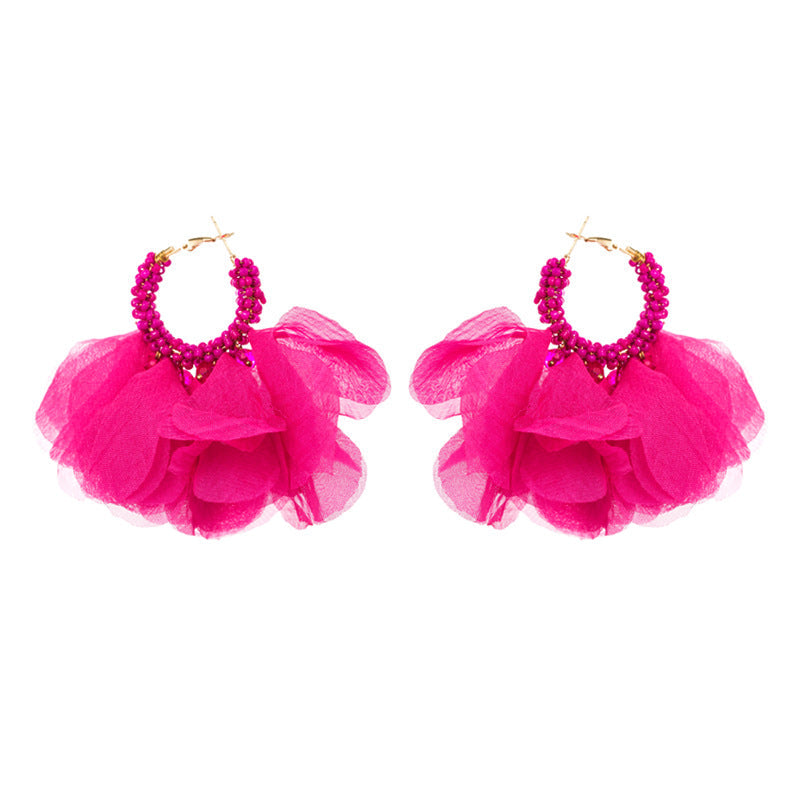 Floral Chiffon Seed Bead Hoop Earrings E7572
