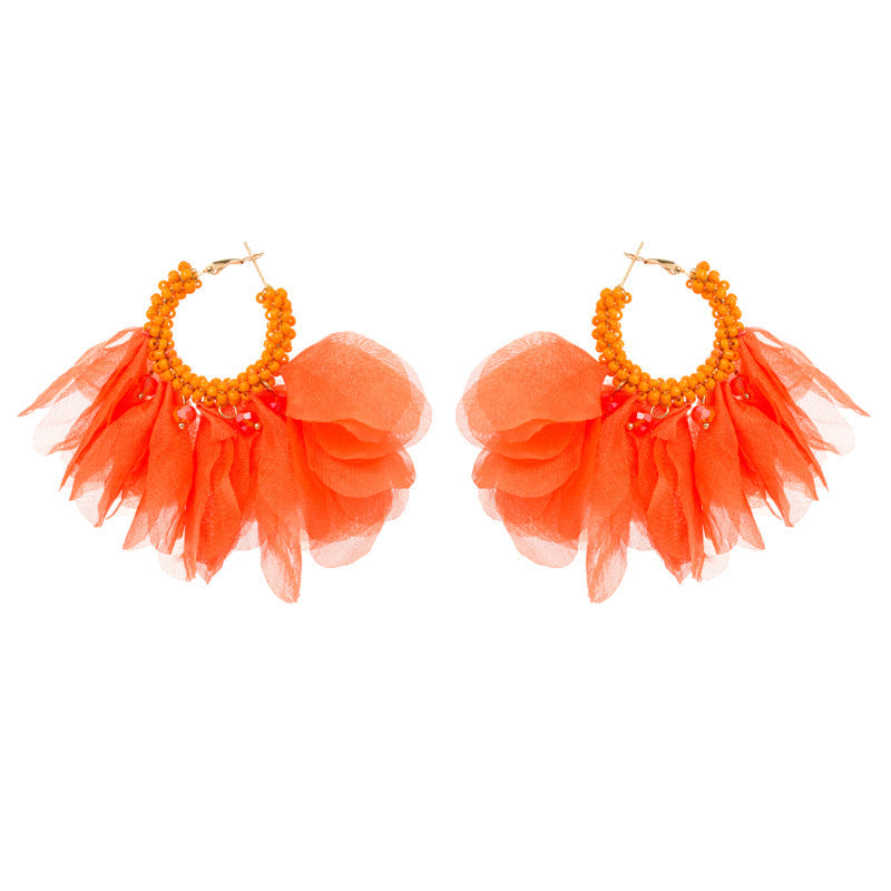 Floral Chiffon Seed Bead Hoop Earrings E7572