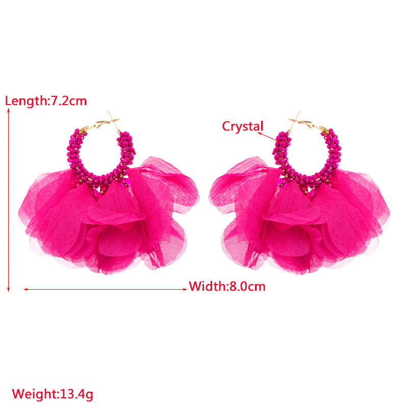 Floral Chiffon Seed Bead Hoop Earrings E7572