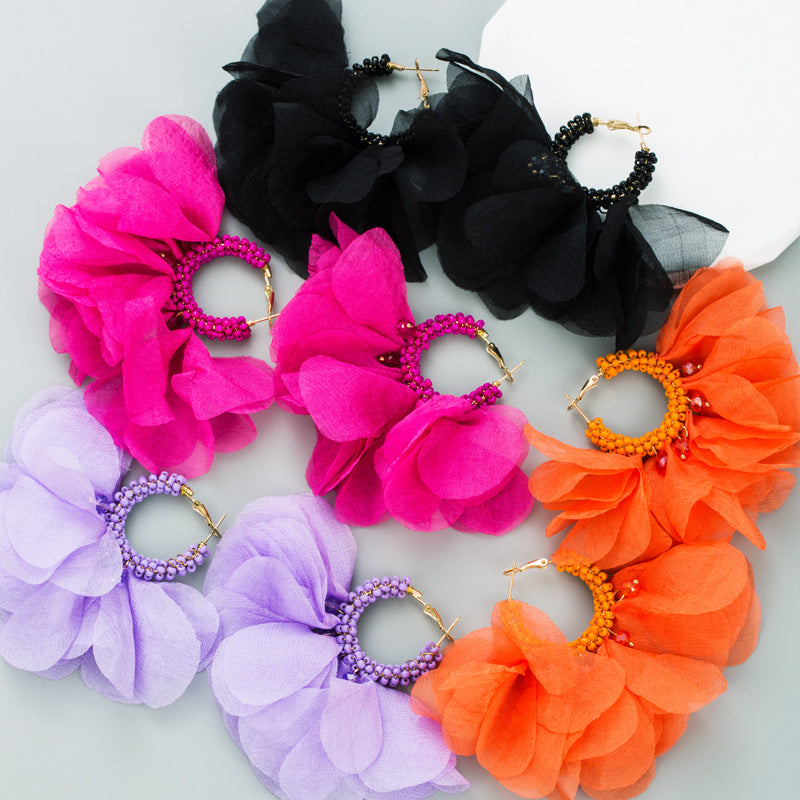 Floral Chiffon Seed Bead Hoop Earrings E7572
