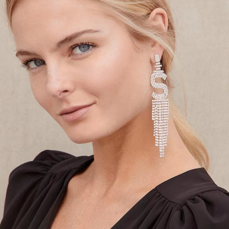 Alphabet Rhinestone Tassel Earrings E7614