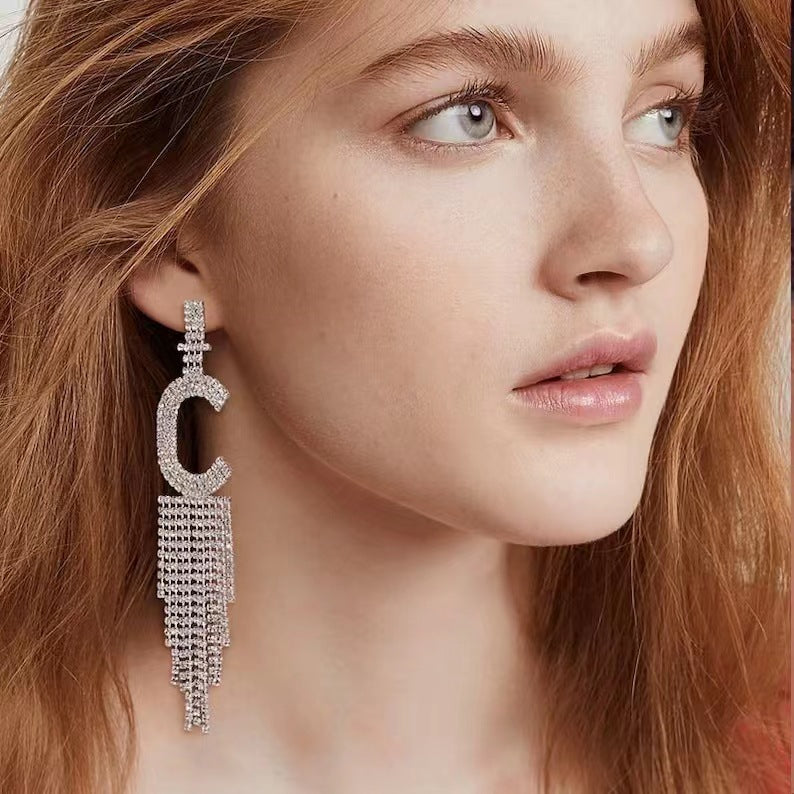 Alphabet Rhinestone Tassel Earrings E7614
