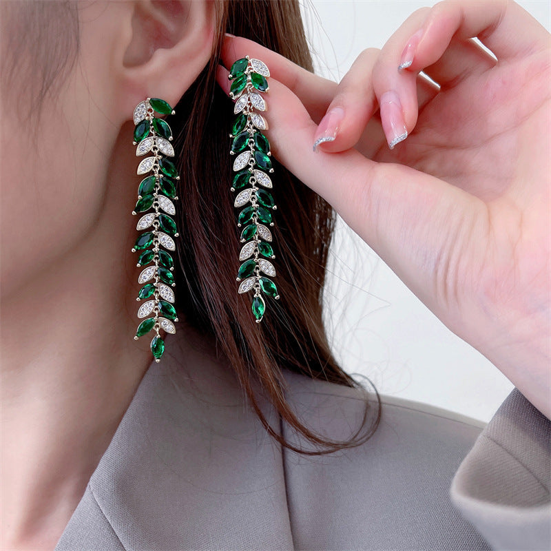 Leaf Tassel Cubic Zirconia Earrings E7674