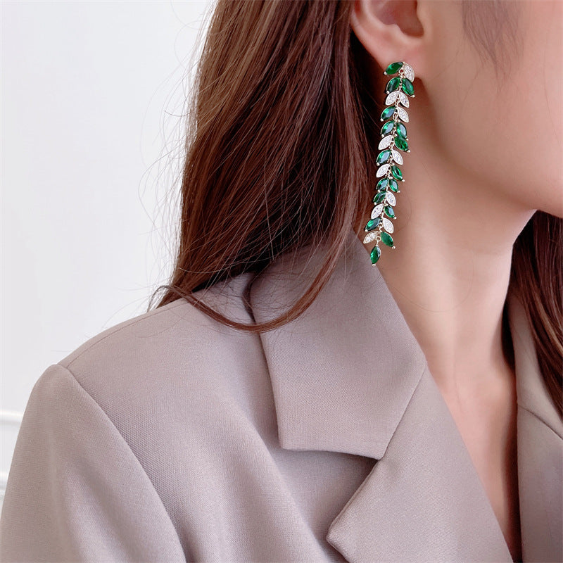 Leaf Tassel Cubic Zirconia Earrings E7674