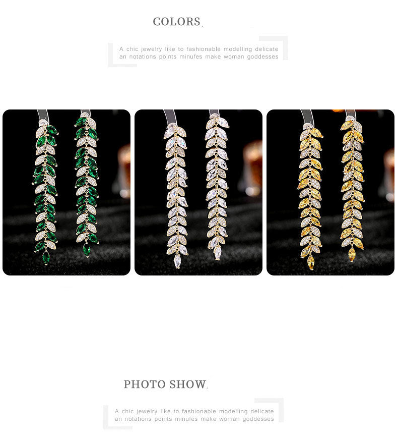 Leaf Tassel Cubic Zirconia Earrings E7674