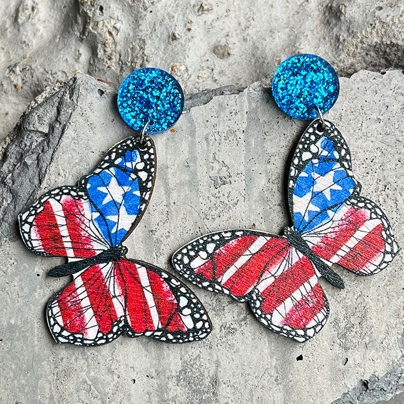 Butterfly American Flag Wooden Earrings E7770