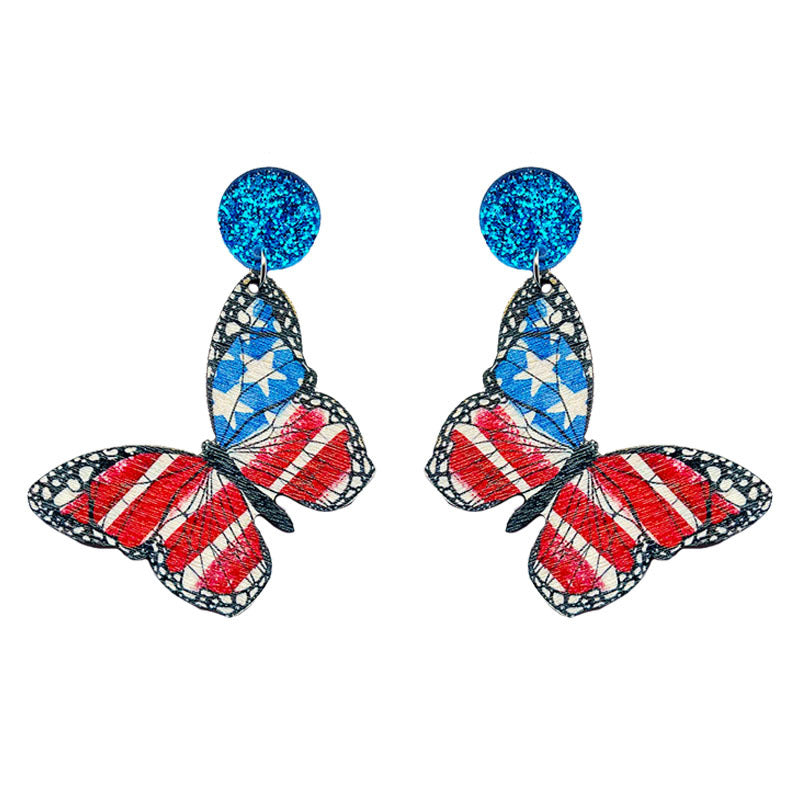 Butterfly American Flag Wooden Earrings E7770