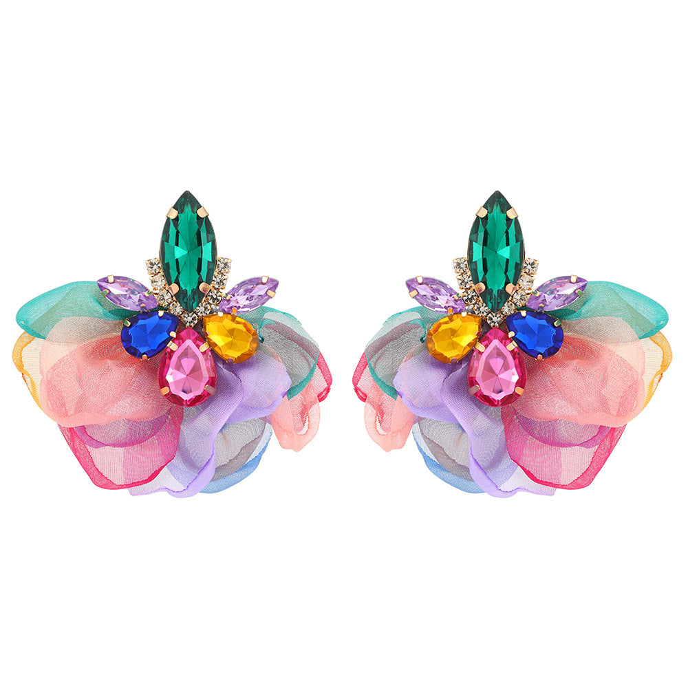 Floral Rhinestone Chiffon Earrings E7782