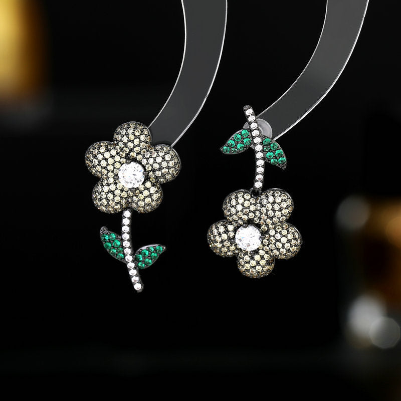 Flower Cubic Zirconia Asymmetric Earrings E7813