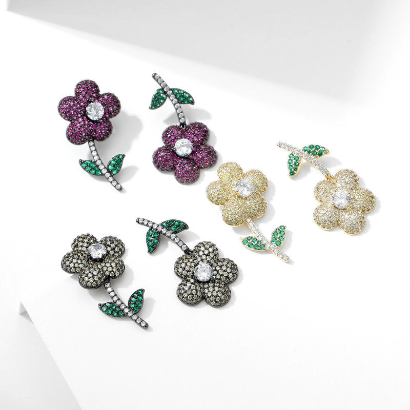Flower Cubic Zirconia Asymmetric Earrings E7813