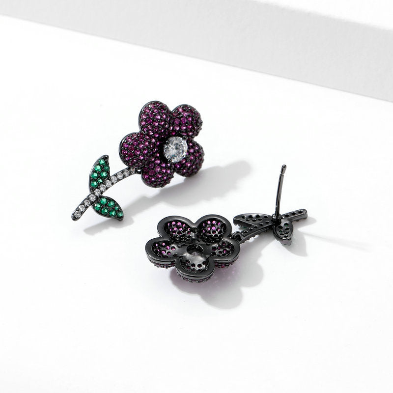 Flower Cubic Zirconia Asymmetric Earrings E7813