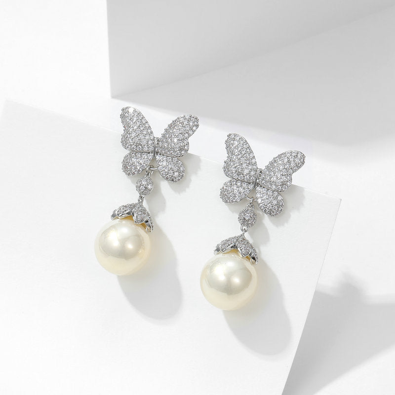 Butterfly Pearl Cubic Zirconia Earrings E7828