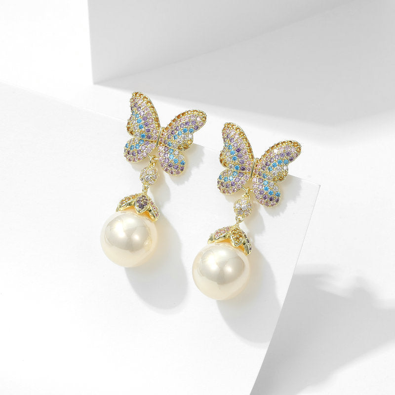 Butterfly Pearl Cubic Zirconia Earrings E7828