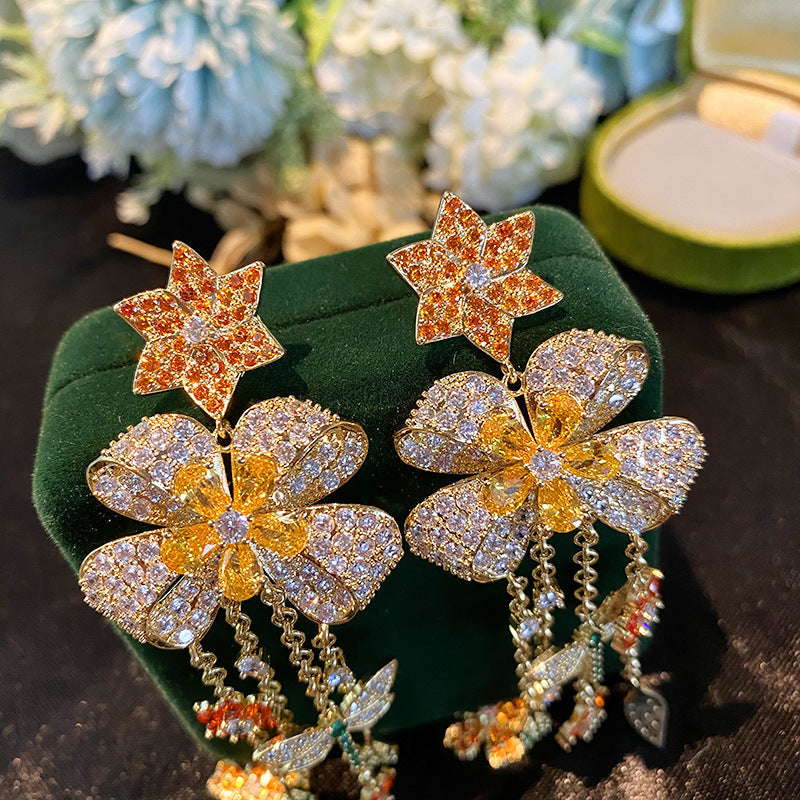 Floral Tassel Cubic Zirconia Earrings E7850