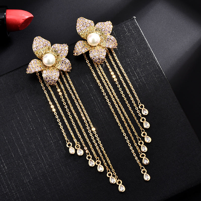 Flower Tassel Cubic Zirconia Earrings E7914