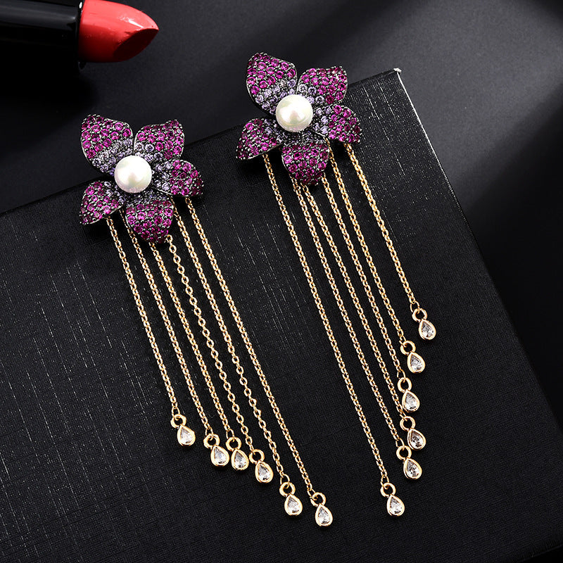 Flower Tassel Cubic Zirconia Earrings E7914