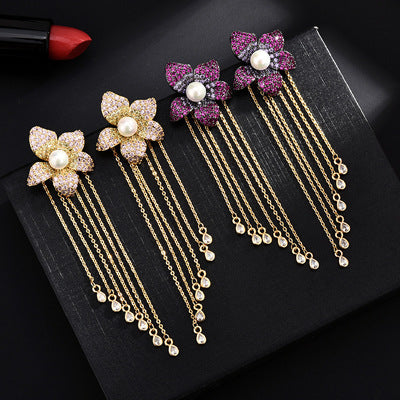 Flower Tassel Cubic Zirconia Earrings E7914