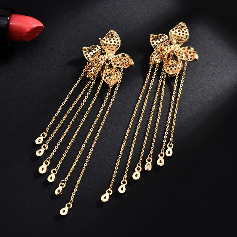 Flower Tassel Cubic Zirconia Earrings E7914