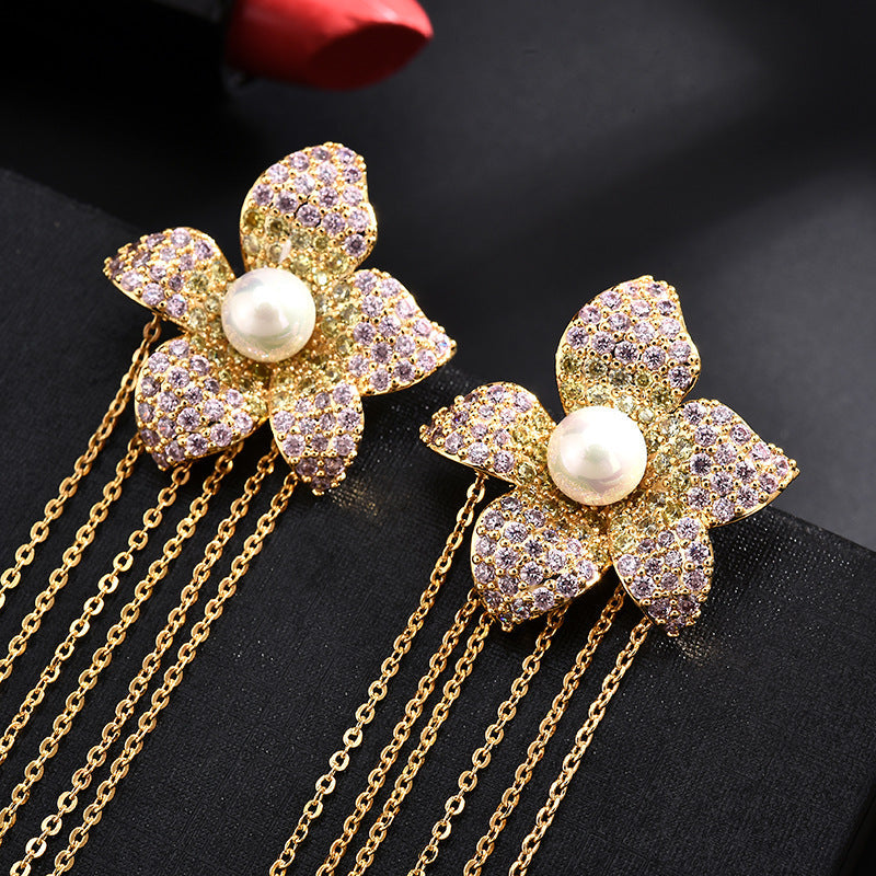 Flower Tassel Cubic Zirconia Earrings E7914