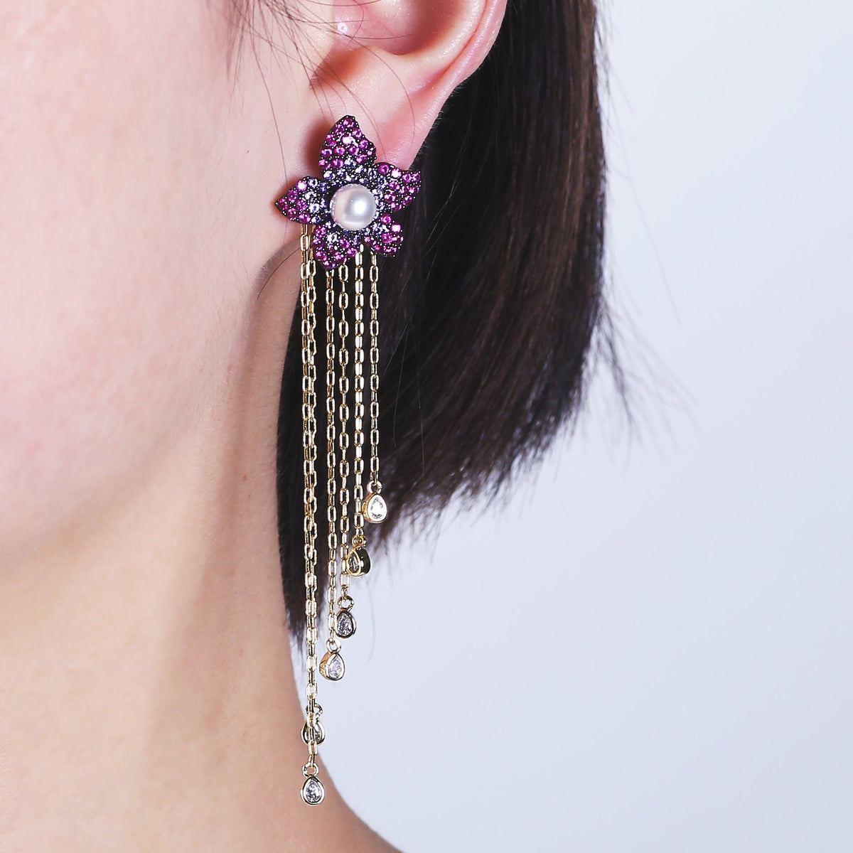 Flower Tassel Cubic Zirconia Earrings E7914