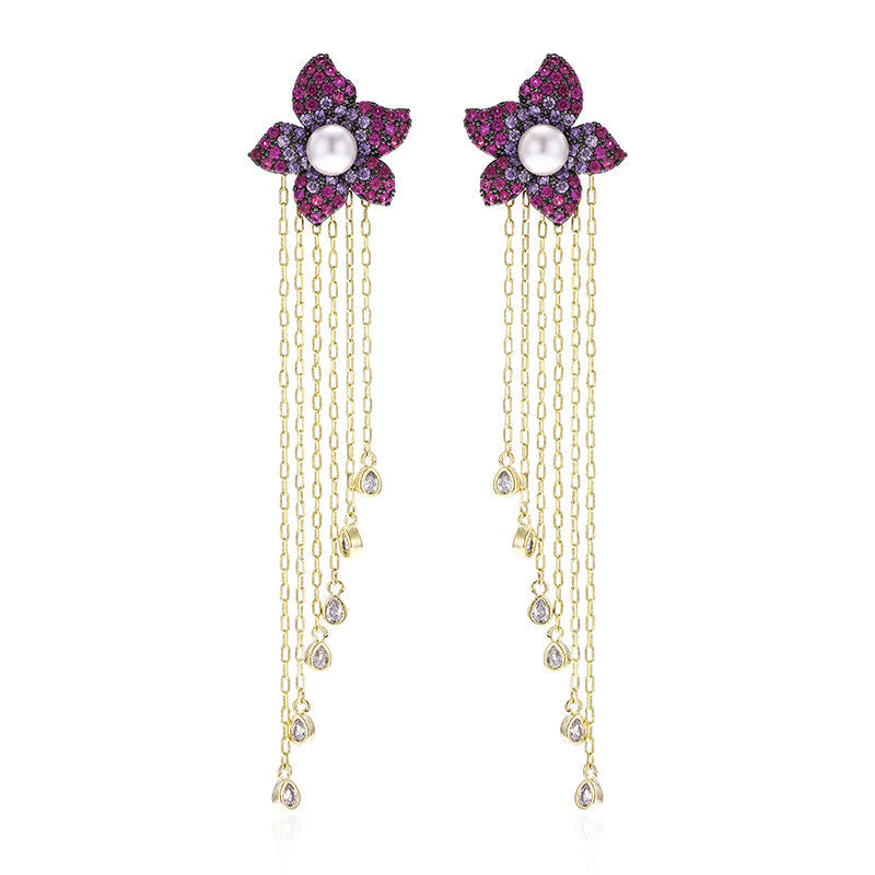 Flower Tassel Cubic Zirconia Earrings E7914