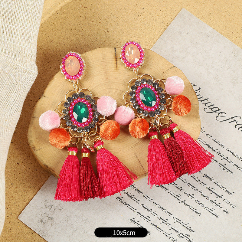Rhinestone Pompom Tassel Earrings E8096