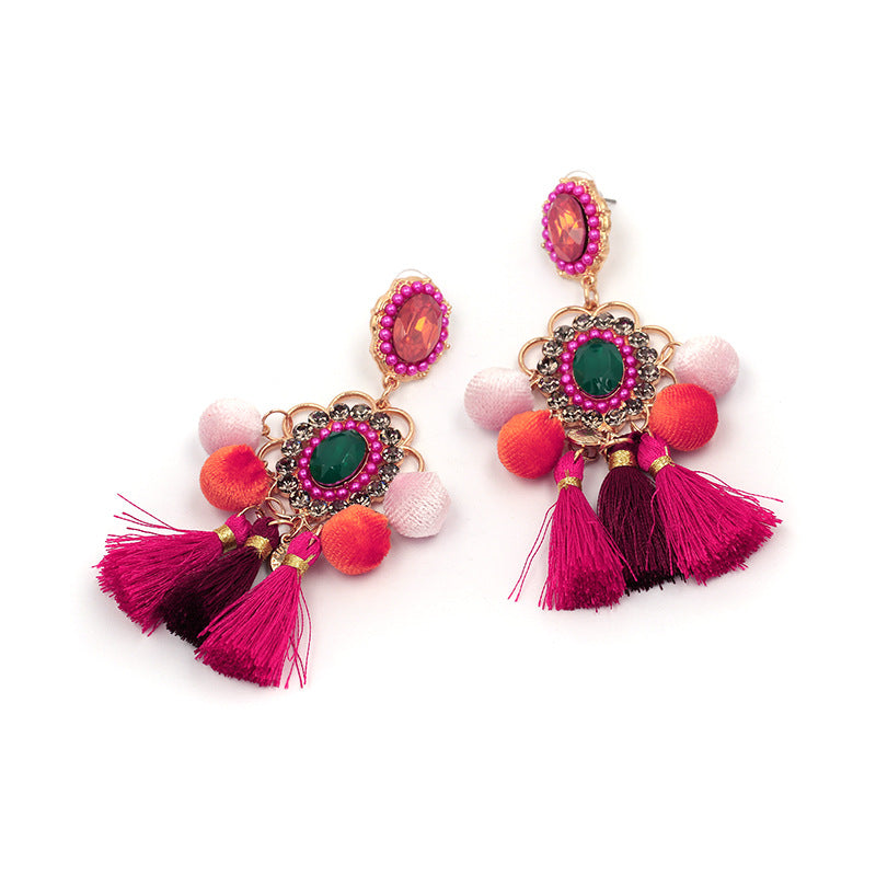Rhinestone Pompom Tassel Earrings E8096