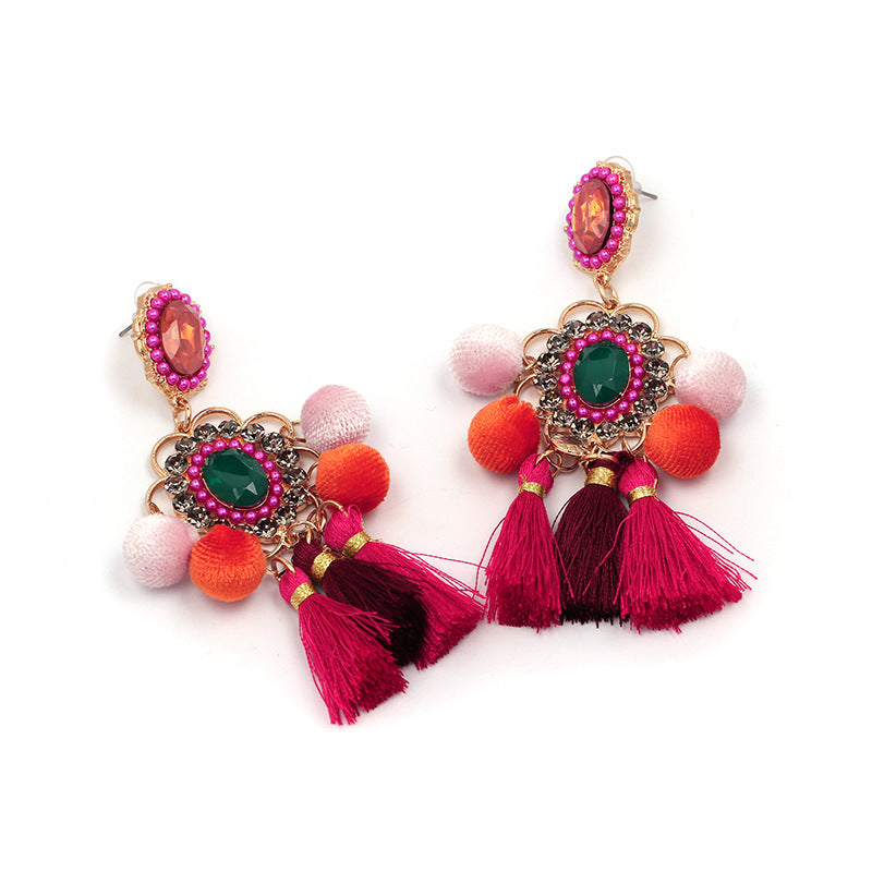 Rhinestone Pompom Tassel Earrings E8096