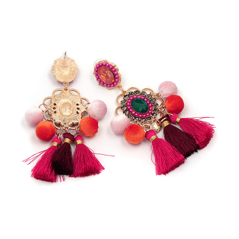 Rhinestone Pompom Tassel Earrings E8096