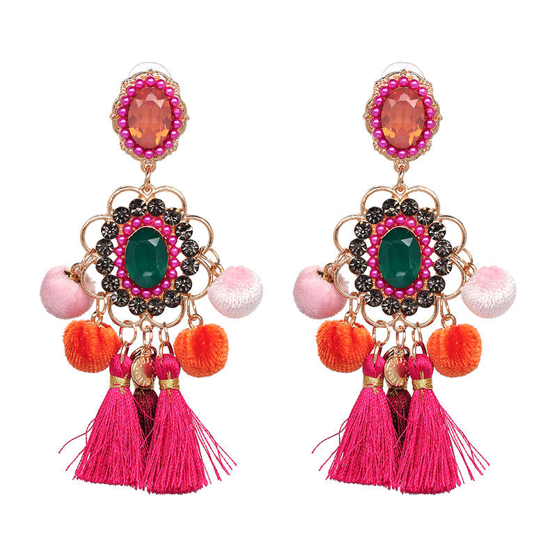 Rhinestone Pompom Tassel Earrings E8096
