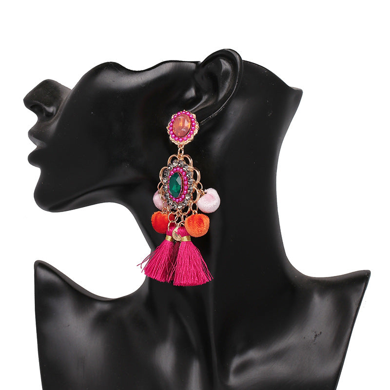 Rhinestone Pompom Tassel Earrings E8096