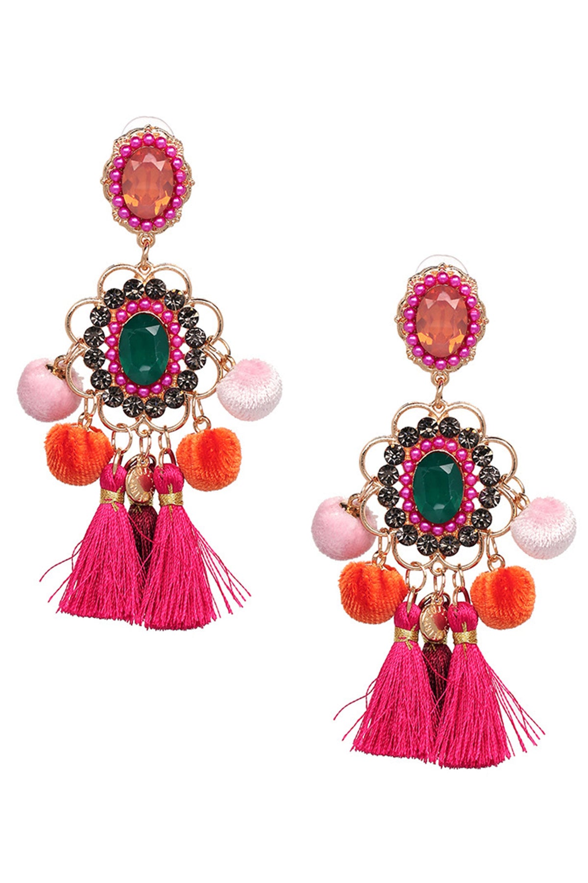 Rhinestone Pompom Tassel Earrings E8096