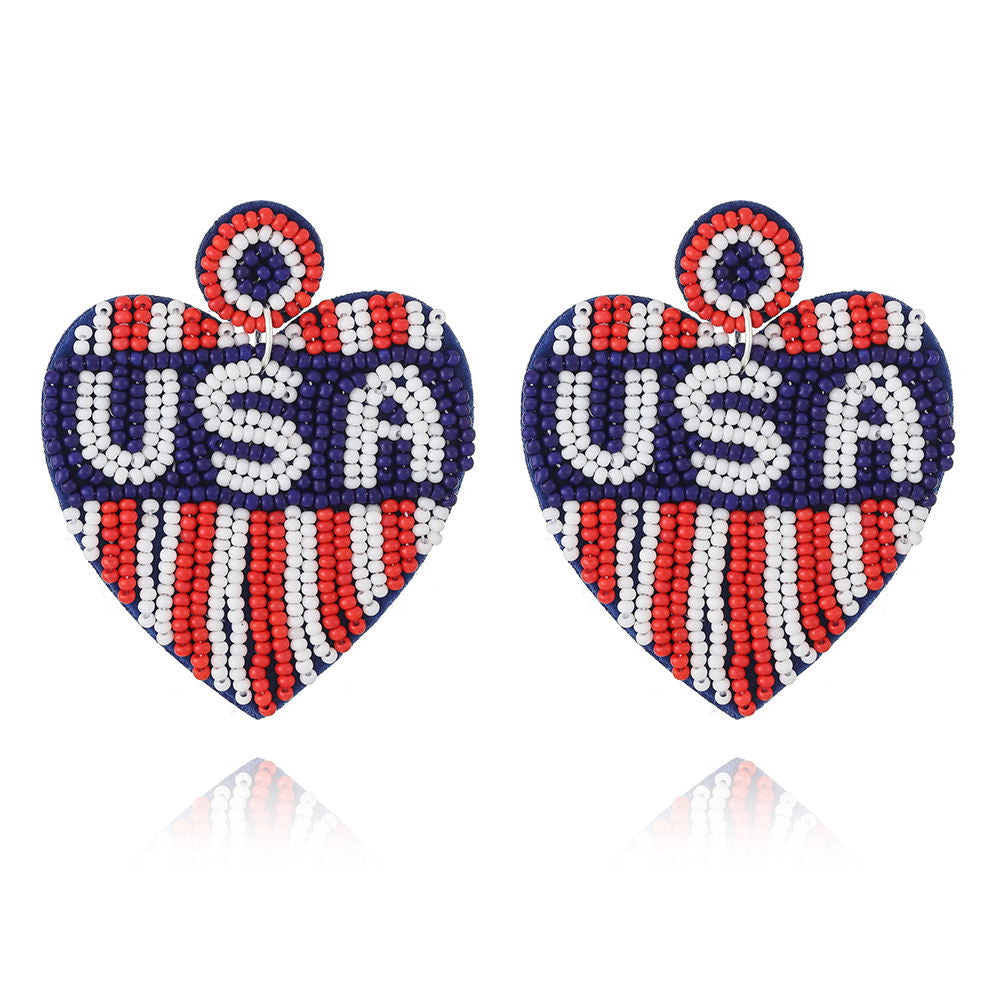 Heart American Flag Seed Bead Earrings E8208
