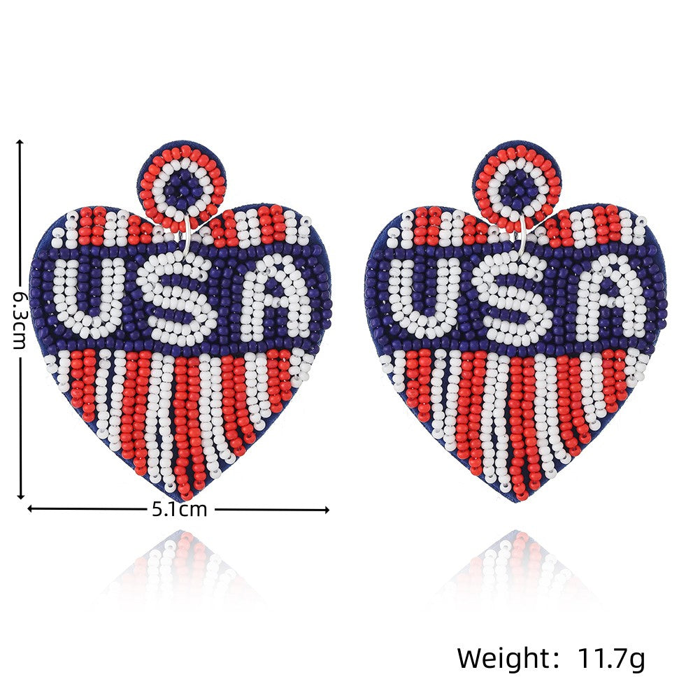 Heart American Flag Seed Bead Earrings E8208
