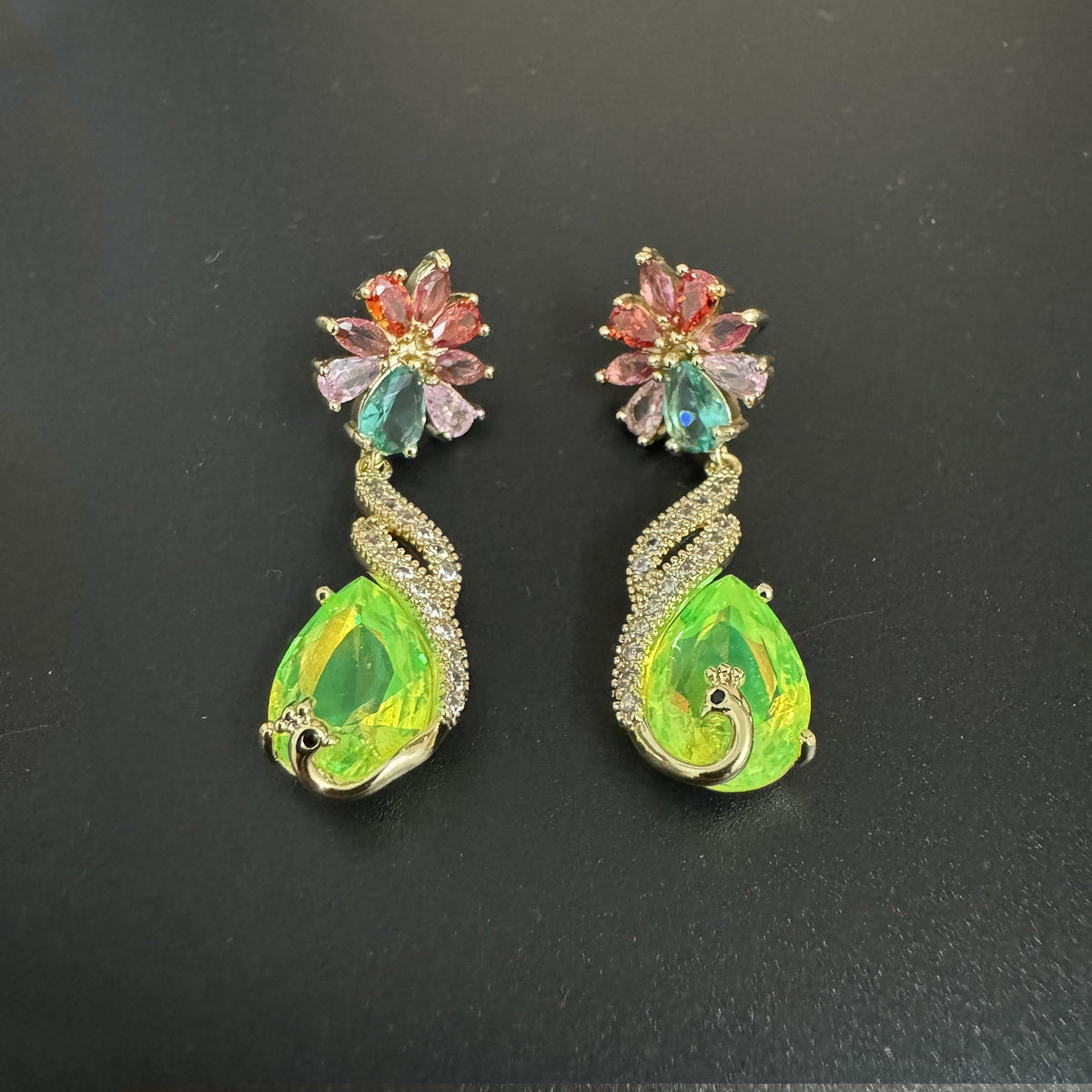 Floral Cubic Zirconia Peacock Teardrop Earrings E8404