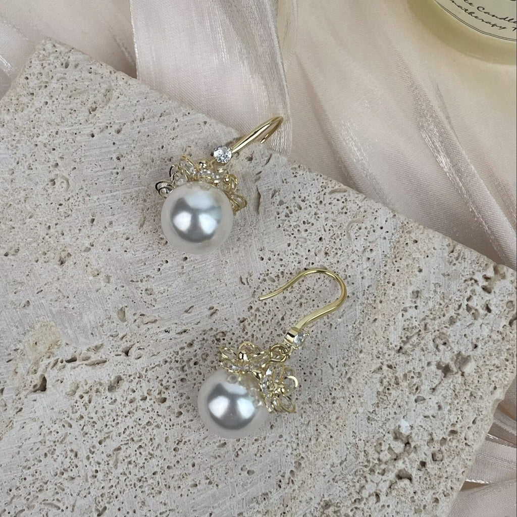 Cubic Zirconia Flower with Glass Pearl Earrings E8691