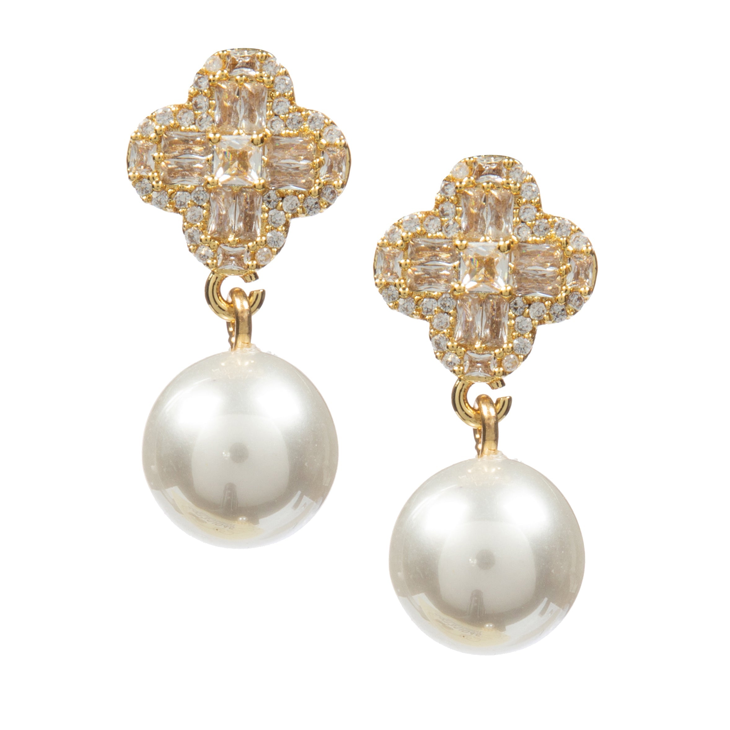 18K Gold Plated Clover Pearl Cubic Zirconia Earrings E8731