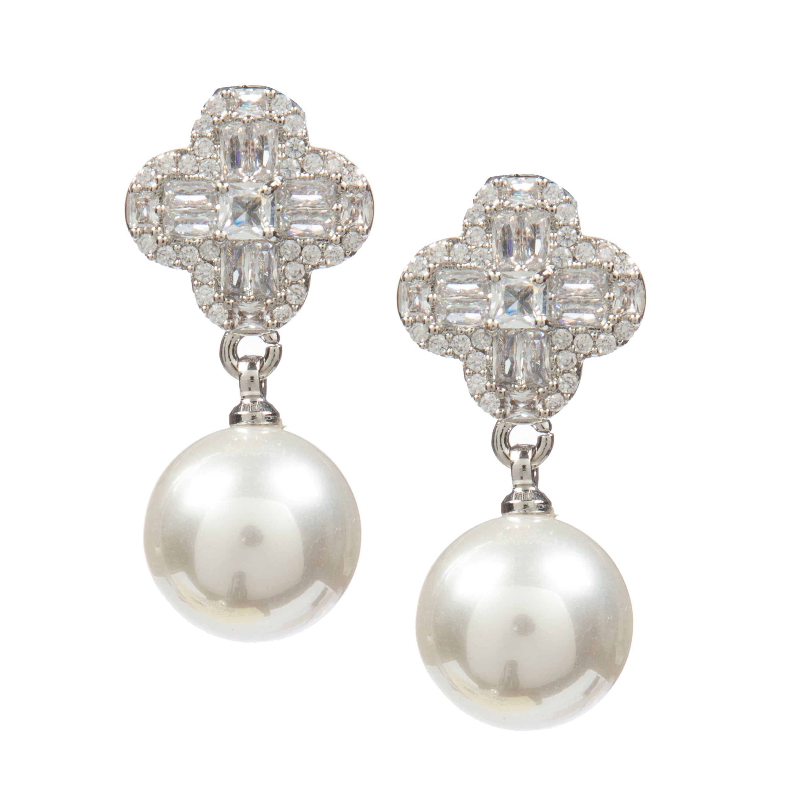 18K Gold Plated Clover Pearl Cubic Zirconia Earrings E8731