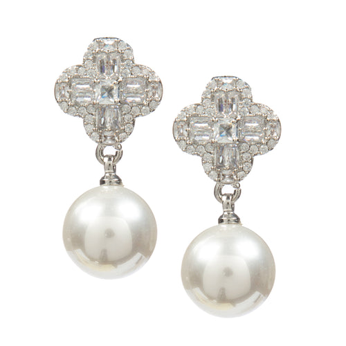 18K Gold Plated Clover Pearl Cubic Zirconia Earrings E8731