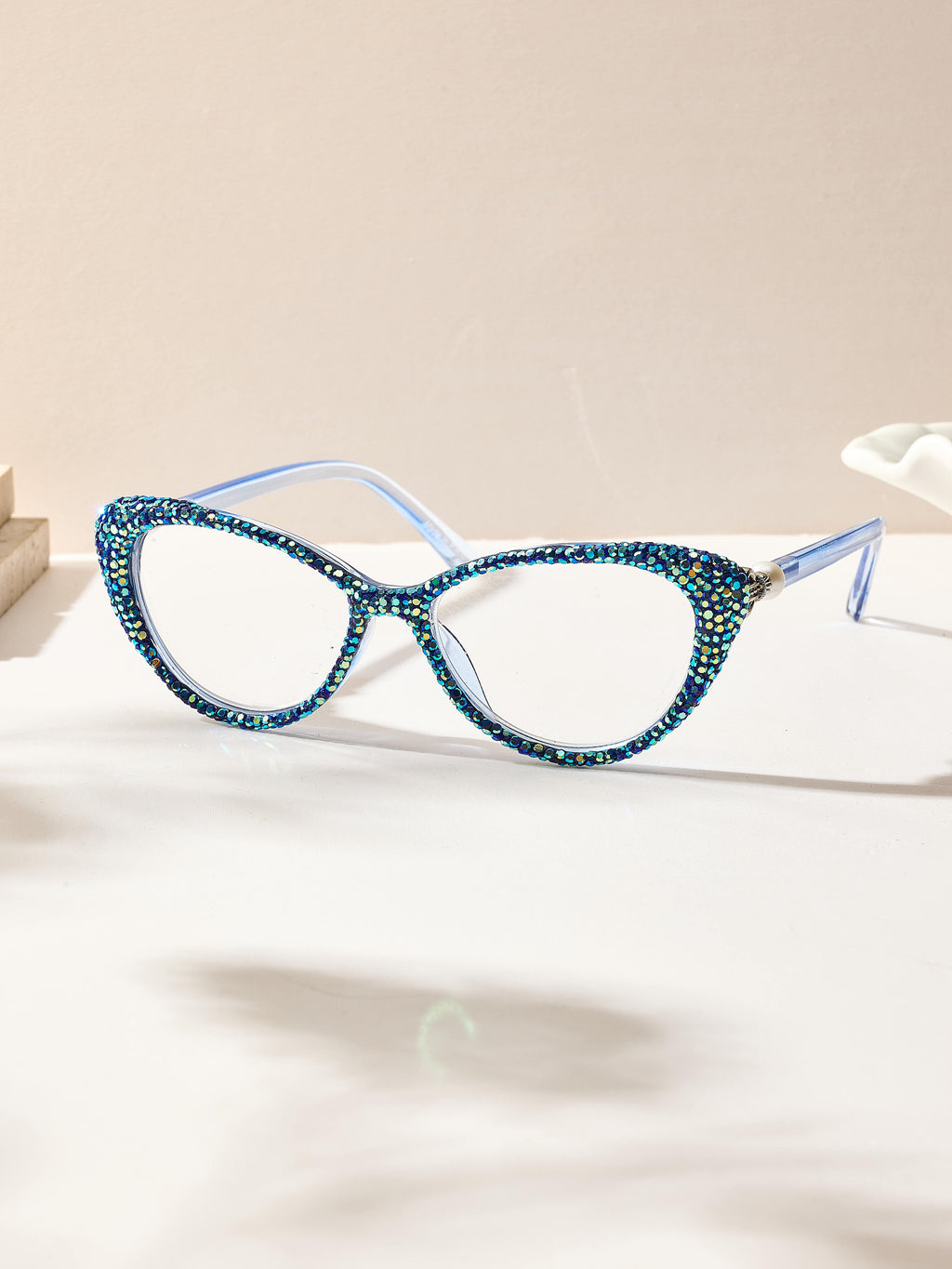 Handmade Rhinestone Cat Eye Reader Glasses G0399-Blue-AB