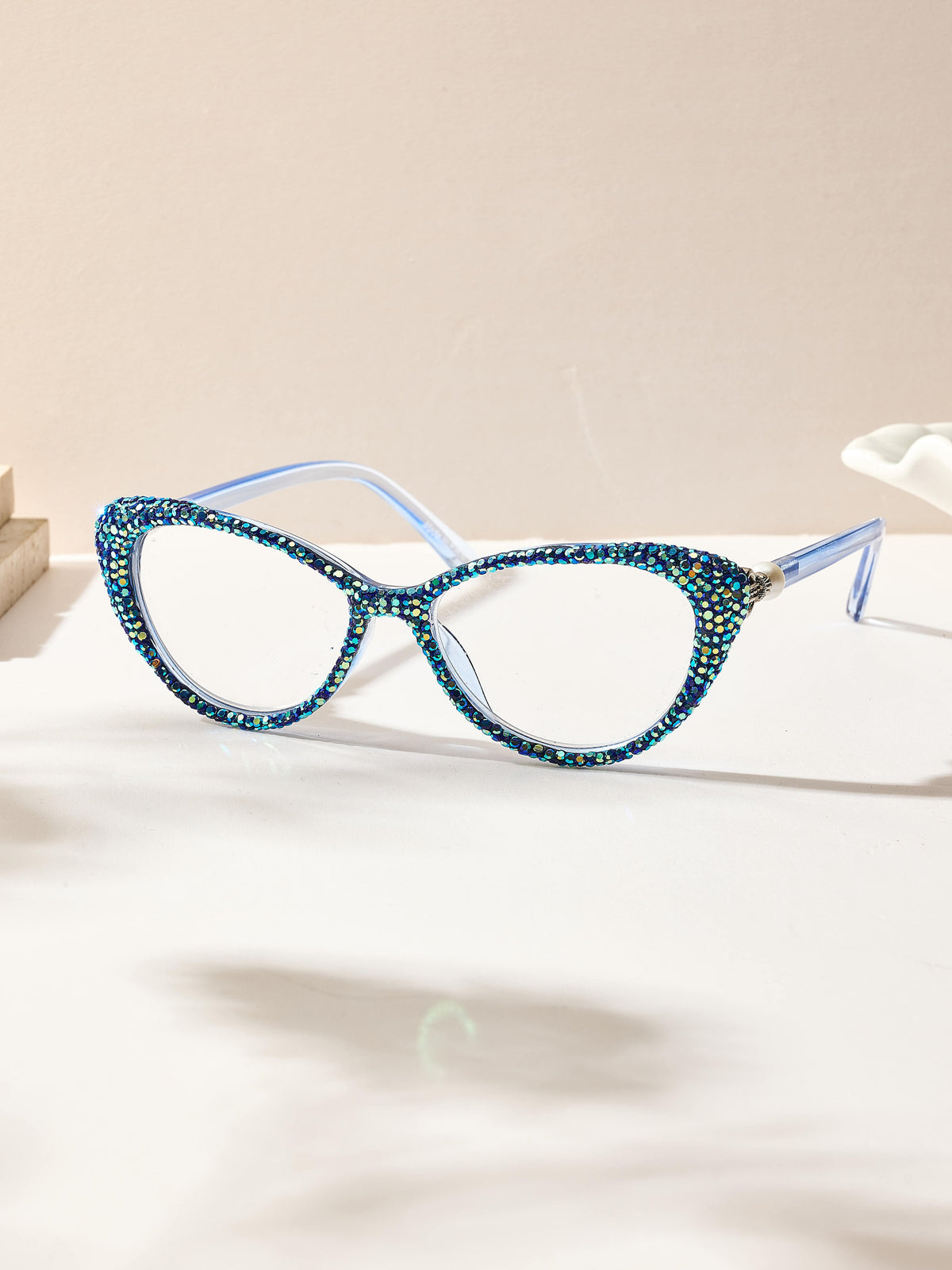 Handmade Rhinestone Cat Eye Reader Glasses G0399-Blue-AB
